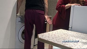 Stepmom in kitchen said no sex allows stepson only jerking off & cumshot on her fat ass 