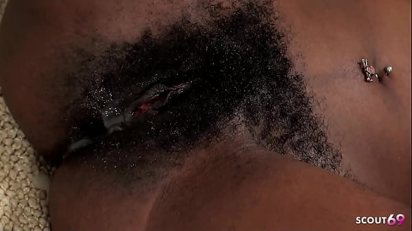 Big bush hairy pussy black skin ebony girl with natural saggy tits get interracial creampie fuck by big dick white guy