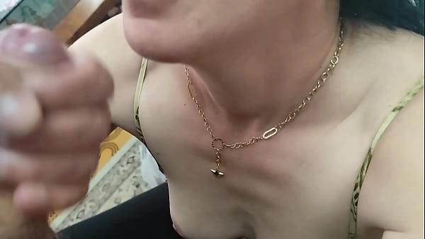 Stepmom housewife blowjob with cum in mouth to help his stepson to release tension before his date 