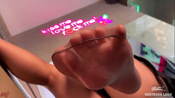 Goddess sexy feet_close up_in torn_sweaty_nylons on the table