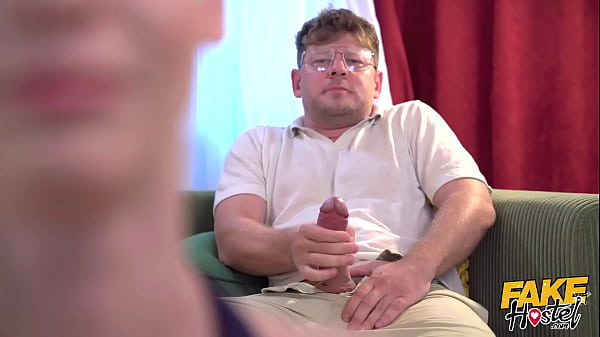 Fakehostel cute and skinny 18 teen with tight pussy gets fucked by two horny sneaky boys jerking off in threesome