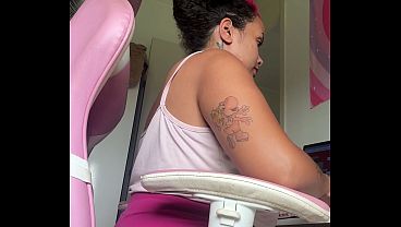 Home office workday chubby girl natural loud farts computer desk vibes