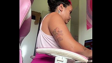 Home office workday chubby girl natural loud farts computer desk vibes