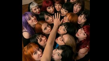 Harem with 18 women licking a man's fingers hand and arm 