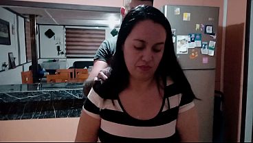 Hot stepmom has sex with_her stepson in the kitchen of the house