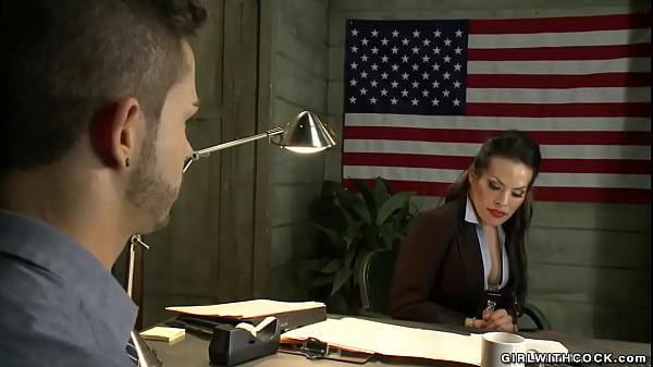 Corrupted big tits brunette shemale agent TS Foxxy after interview handcuffs Turk Mason and sucks his dick then anal fucks him in the office 