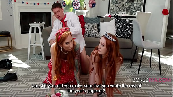 Petite redhead stepmom bedazzles pageant dresses while getting railed by muscular stud 