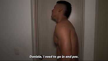 What are you doing?! - Busty stepmom ends up without a towel in the bathroom after her stepson plays a prank on her 
