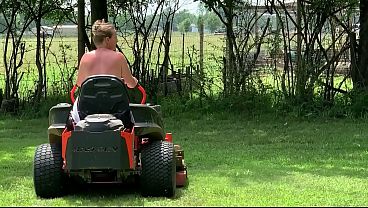 Neighbor, riding lawnmower, naked outdoors