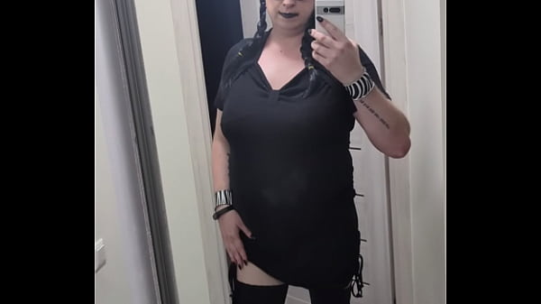 Sissy in chastity dances in stockings & heels with big fake tits &mdash; Wednesday Addams cosplay 