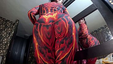 Red nylon jumpsuit fetish &ndash; cameltoe tease deep blowjob and cum on my downjacket 