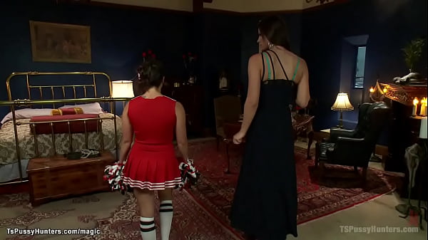 Shemale Vampire Michelle Firestone ties up sexy brunette cheerleader Bianca Dagger in bed and with big cock fucks her wet pussy and ass and mouth 