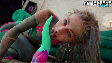 Ink covered beauty solo anal toy play in lace lingerie 