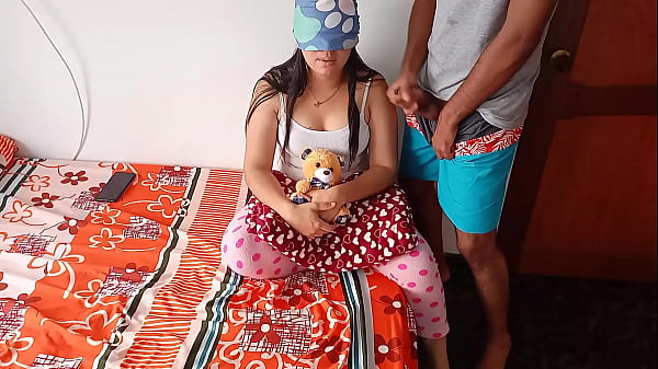 He fucks his horny he pulls down my underwear so i can see my virgin pussy and i suck his big penis he gives me a nice stuffed animal after filling me with cum