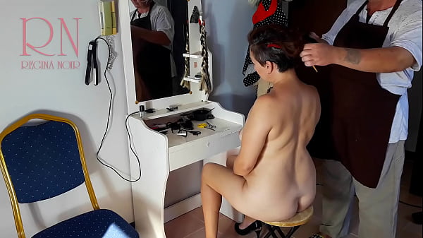 Camera in nude barbershop. Hairdresser makes undress lady ho cut her hair. Barber,nudism. CAM_1