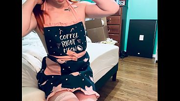 Sexy redhead femboy plays house maid with ass out