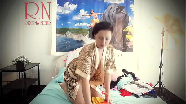 Housewife laid out sexy lingerie and_outfits_on the bed She tries on_panties_corsets_bras socks stockings tights peignoir 1