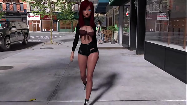 Alyson walking down sidewalk while her magical breasts show themselves in public