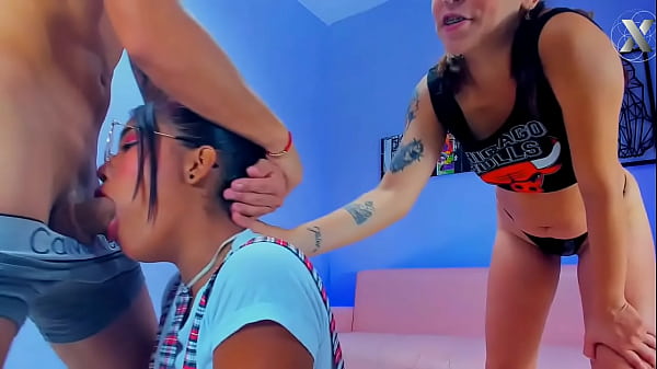 Double blowjobs from two stepsisters with the neighbor 