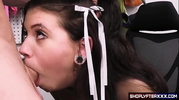 Hot little thief is caught by_the security guard who undressesher andpenetrates his_big cockin her_wet and_tight pussy thenshe swallows his cum