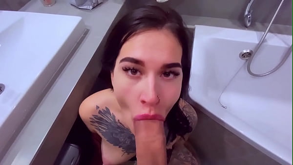 Tattooslutwife sucks a big cock in thebathroom. Gets a load in_big mouth