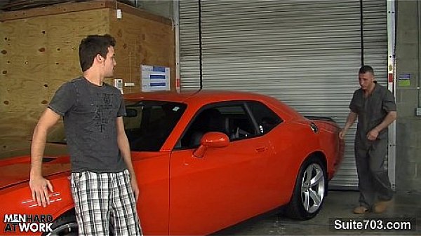 Sexy gay mechanic gets fucked in the garage 