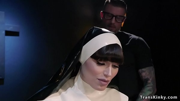 Shemale nun dressed in tight latex praying and then alt father anal fucks her 
