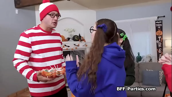 Halloween candy stealing turns to fourway dick sucking for these naughty teens 