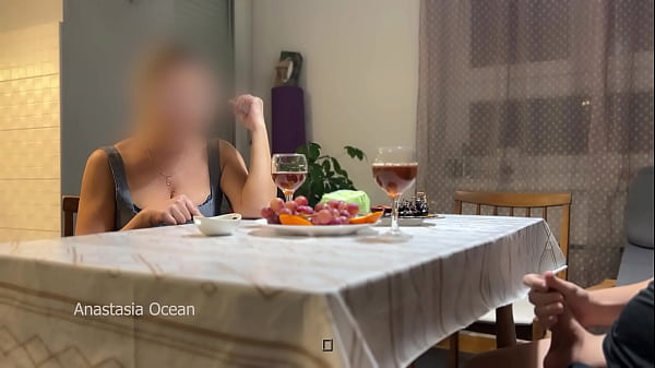 My husband jerking hidden front of my step mom under a table during their talk 