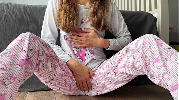 Horny teen 18yo small tits in pajama masturbate fingering cunt and big squirt orgasm closeup