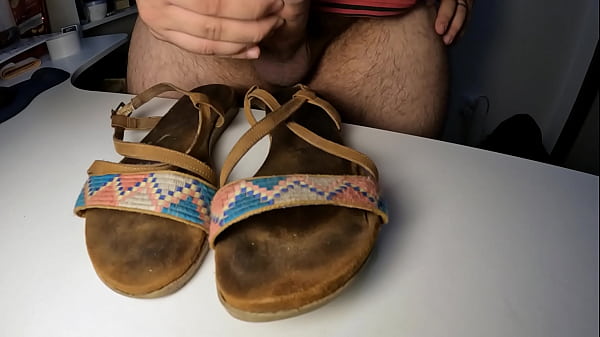 Jerking off with wife's flats - slow motion cumshot 