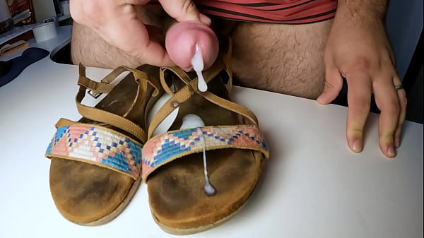 Play MP4 - Guy masturbating and cumming on old dirty smelly leather sandals with super slow motion cumshot