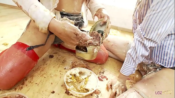 The dirty lesbian food fight ends with sex toys_pounding_their quivering_little_cunts