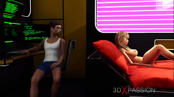 3d dickgirl android plays with a sexy young blonde in the sci-fi bedroom 