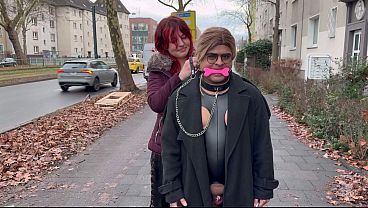 Exhibitionist Domme & Humiliated Sub: Queen Elena Flashes, Then Gags & Walks Sissy Femme Sandy thumbnail