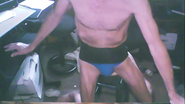 Play MP4 - 2023 Grinding on Stool in Blue Briefs and Back Brace for Stretching and Pain Relief