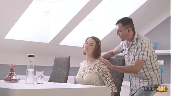 OLD4K. Excited old man penetrates young GF with big tits on table 
