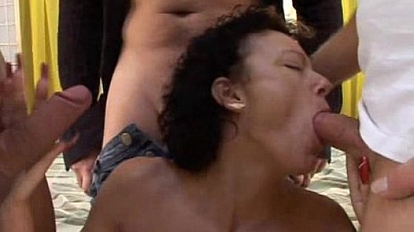 Mature short hair latina with a young man get gangbang fucking sex on the bed 