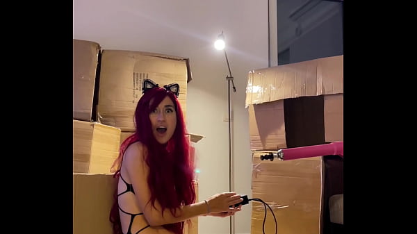 Me Red haired Teen Beauty Girl dances sexy Striptease and prepares Sex Machine with DIldo in Mouth
