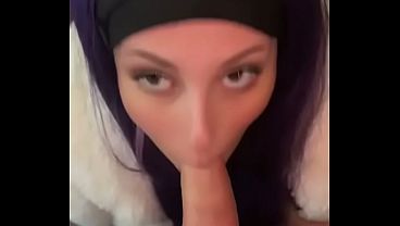 Real Homemade Blowjob From Purple Haired Girl Wearing White Fur Jacket Looking At Camera thumbnail