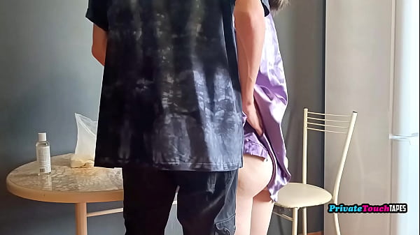 Fucking in the kitchen while russian stepsister cooking in dress sexy robe