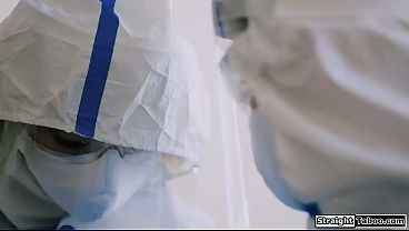 Lola fae and her bf wear protective clothing due to the are still horny and the small tits babe starts to masturbate while he jerks off 