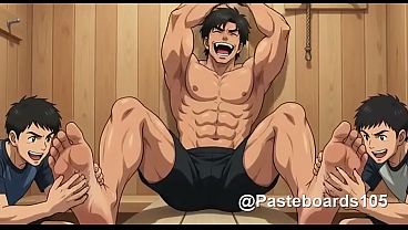 The Locker Room - Tied To The Lockers, Bare Feet In Their Hands (AI-Generated 2D Anime Bara)