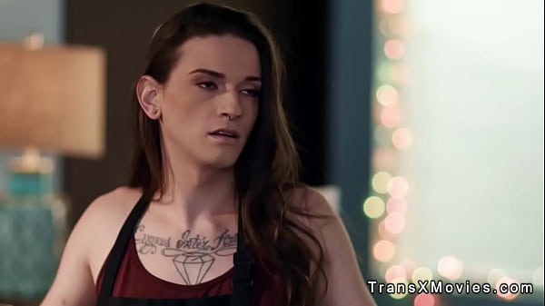 Beardy man Chris Epic visits sexy brunette shemale barista Jenna Creed in hor loft and there gets blowjon then shoves hard cock up her tight ass 