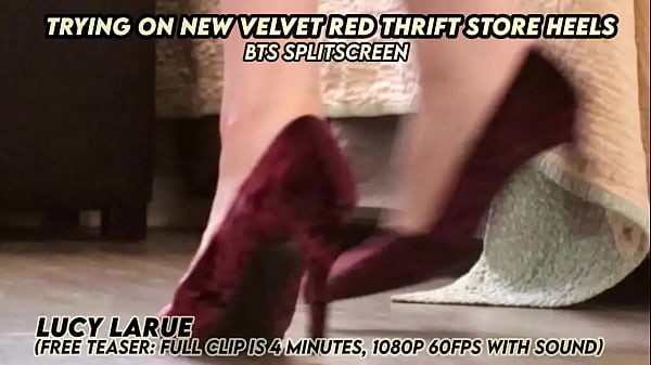Trying on new velvet red thrift store heels bts splitscreen
