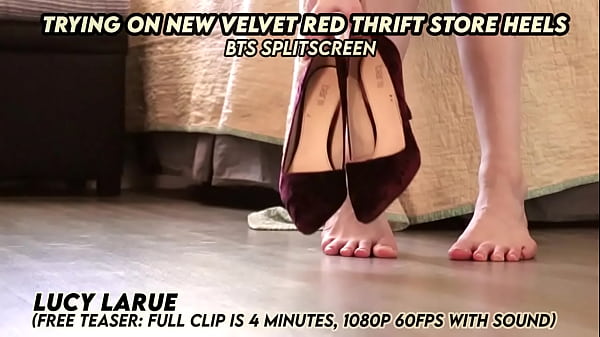 Trying on new velvet red thrift store heels bts splitscreen