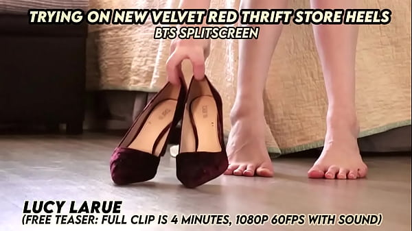 Trying on new velvet red thrift store heels bts splitscreen