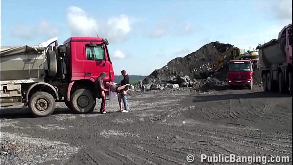 Young cute blonde girl public sex threesome_at a_construction site