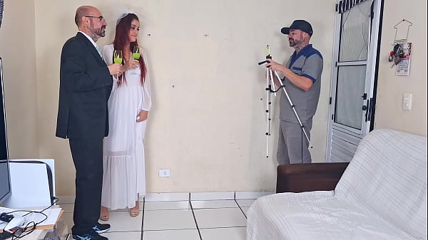 Bride fucks at photo shoot with her photographer and husband waits outside