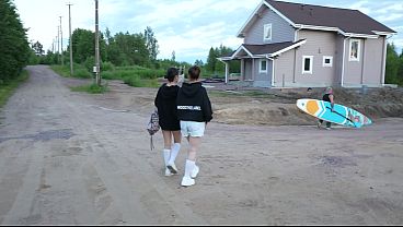 Sup instructor fucks two horny girls right next to the lake